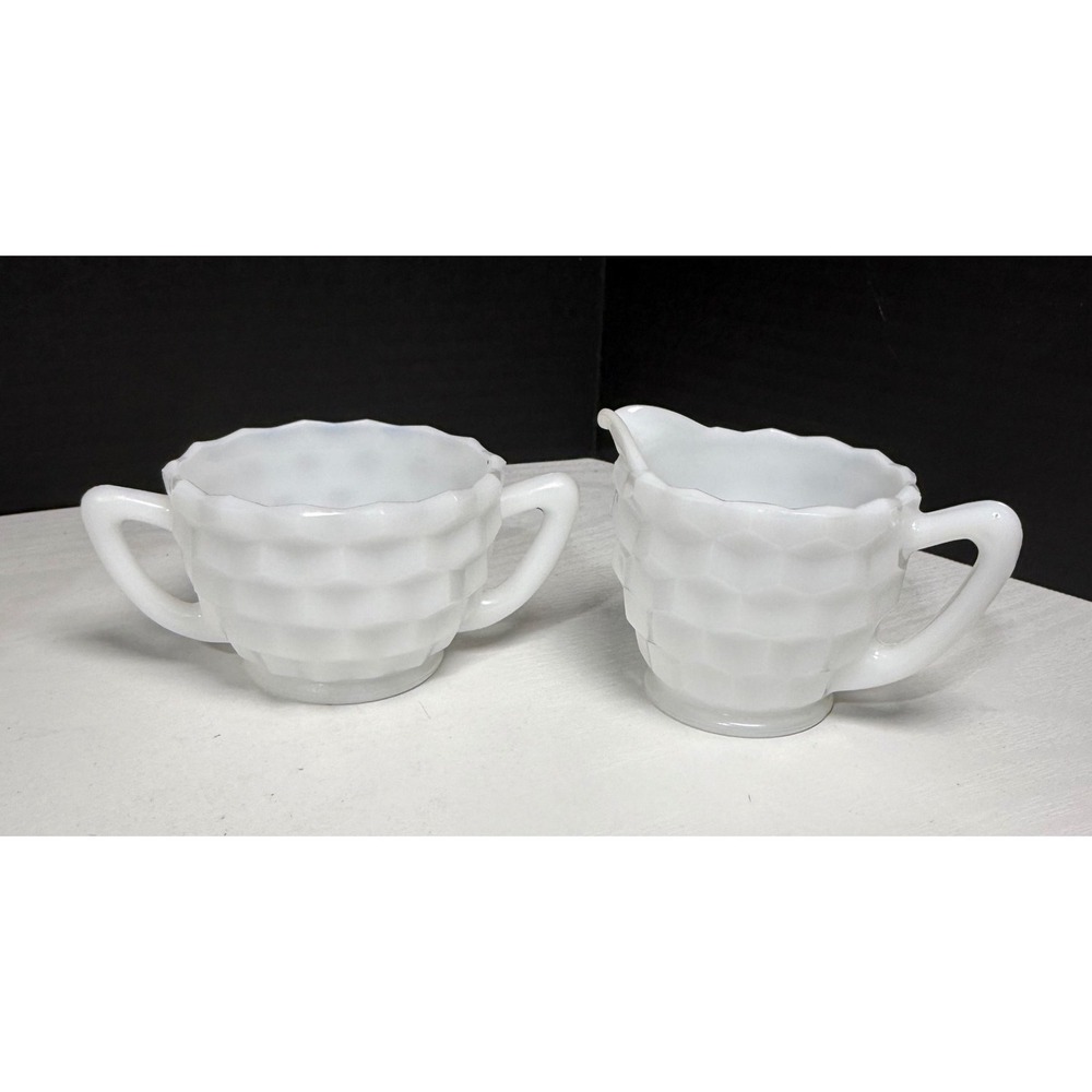 Hazel Atlas Cubist milk Glass Cream and Sugar Set 1920s-1930s VTG Cottagecore
